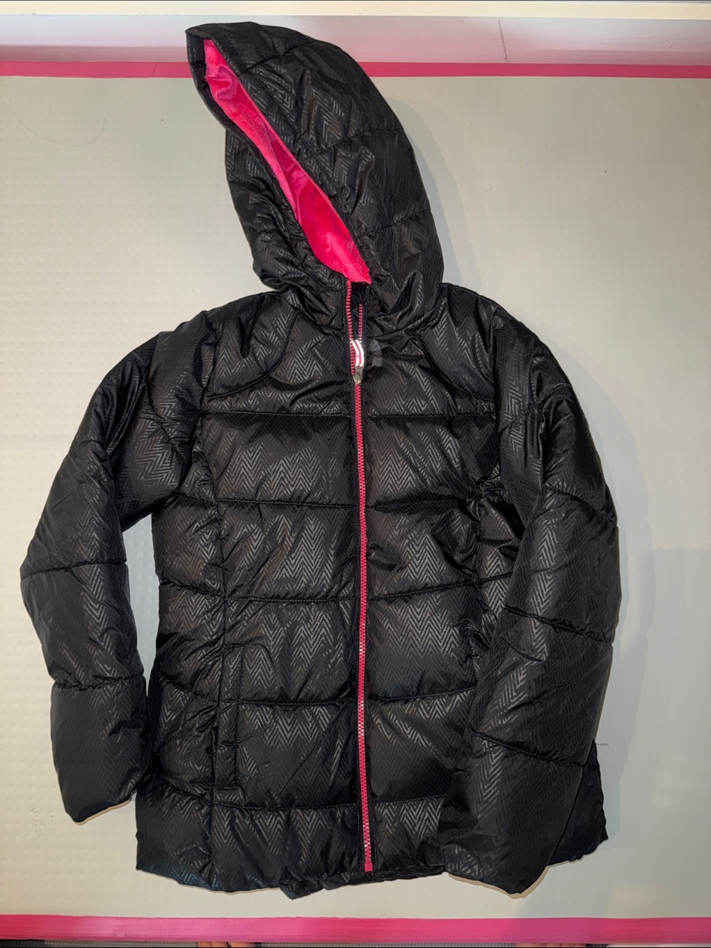 Kids Black Puffer Jacket with Pink Trim and Hood
